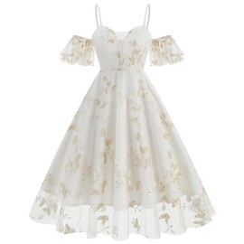 Adjustable Spaghetti Straps Floral Embroidered Dress for Women Off Shoulder Ruffle Sleeve Flower Embroidery Dress Tulle Prom Mesh Sheer Deep V Neck Formal Party Evening Cocktail Dress White Flower L