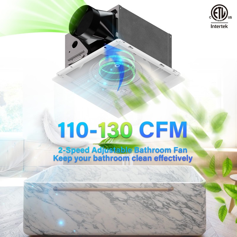 JULLISON Bathroom Exhaust Fan with Light Combo: 110-130CFM Adjustable, Ceiling