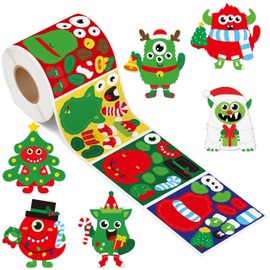 Haooryx 300pcs Make A Christmas Monster Face Sticker Roll, Make Your Own Cartoon Xmas Monster Self Adhesive Sticker Decals, Mix and Match One Eye Monster DIY Sticker for Kids Christmas Party Supply