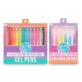 Oh My Glitter Clickable Glitter Gel Pens (Set of 12) and Bright Glitter Highlighters (Set of 6) Bundle, Glitter Retractable Pens, Glitter Neon Highlighters for Note Taking, Art Supplies