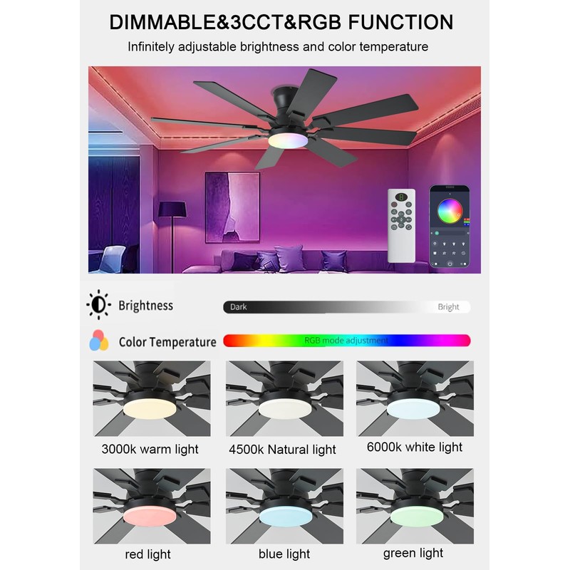 JSAITEE 52 inch Ceiling Fan with Light, 8 Speeds Reversible