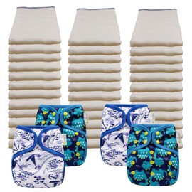 OsoCozy Economy Prefold Cloth Diaper Package - 3 Dozen Regular 4x6x4 Unbleached 100% Cotton Prefold Diapers (7-15 lbs) & 4 One-Size Diaper Covers (2 Maritime and 2 Dragon Prints)