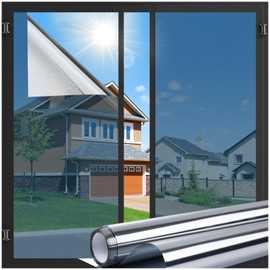 LUTE One Way Window Privacy Film, Window Tint for Home, Sun Blocking UV Heat Blocker, See Out Not in Reflective Mirror Film, Removable Static Cling Glass Door Coverings, Silver, 17.5" x 78.7"