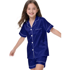 LANKMEI Kids Satin Pajamas Set, 2 Pieces Silky Pjs Short Sleeve & Pants Sleepwear Loungewear Button Down Pjs Set for Boys and Girls Blue