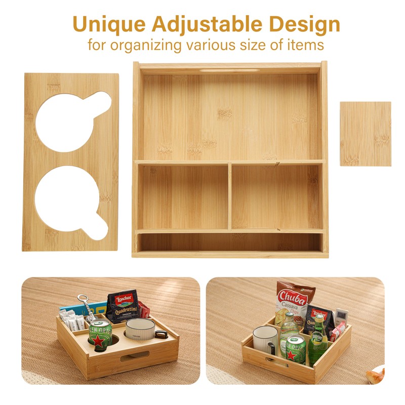 ROCDEER Couch Caddy,Bamboo Couch Cup Holder Tray with 6 Compartments,