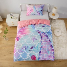 MUSOLEI Single Duvet Cover Girls Mermaid Duvet Cover Set Single Kids Duvet Cover 135x200cm and 1 Pillowcase 50x80cm Gift for Girls Single Birthday