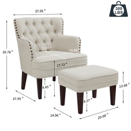 Accent Chair with Ottoman, Living Room Chair, Footrest Chair Set with Vintage Brass Studs, Button Tufted Upholstered Armchair, Comfy Reading Bedroom, Reception