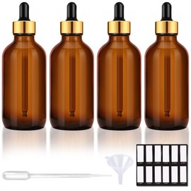 PrettyCare Eye Dropper Bottles 4 oz 4 Pack (Glass Bottles 120ml with Golden Caps, 12 Labels, Funnel & Measured Pipettes) Empty Tincture Bottles for Essential Oils (Amber)