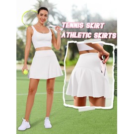 Soudittur Women's Tennis Skirt with Inner Shorts Tennis Skort with Pockets Golf Skirt Summer Skirt for Outdoor Cycling Hiking Running, White
