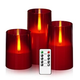 kakoya Flameless Candles Upgraded Realistic Flickering Flame LED Candles,Battery Operated Candles with Remote Timers,Acrylic Electric Candles Set of 3(D 3" xH 4" 5" 6")（Red）