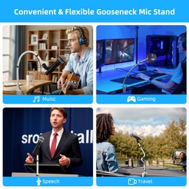 Prizmora Gooseneck White Microphone Stand Desk Mic Stand Arm Long 20.5'' Sturdy Adjustable Microphone Holder Clip On Mic Holder Flexible Mike Stand Clamp Podium Mic Stand For Podcast Mount Traveling