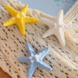 JazSwirl Starfish Hair Clips for Women, 3 Pack Ocean Style Mermaid Hair Accessories in Blue Yellow White, Cute Resin Starfish Hair Clip Set for Beach Hair, Sea Shell Hair Accessories