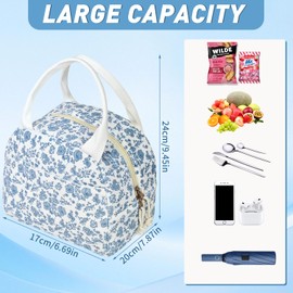 Joalpysm Insulated Lunch Bags for Women, Large Capacity Insulated Cooler Bag with Blue-Flower Pattern, Leakproof Lunch Organizer for Work, School, Travel, BBQ