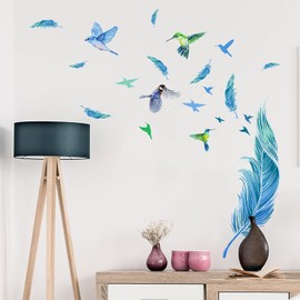 Teniinet Blue Feathers Wall Decor Stickers, Creative Hummingbird Feather Window Peel and Stick Wallpaper Deacls, DIY Art Mural for Living Room Bedroom Kitchen Laundry Room Classroom