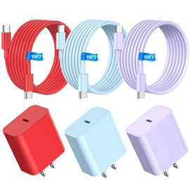 Riofxqin i Phone Charger Fast Charging, 3Pack 20W USB C Charging Block + 10FT USB Charger Cable, Compatible with i Phone 15 16 Pro/Max/Plus - Purple Red Blue