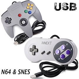 iNNEXT 2 Pack USB Super Classic Controller Game pad, USB N64 Controller & SNES USB Controller for Windows PC MAC Linux Raspberry Pi 3 Sega Genesis Higan (Gray)