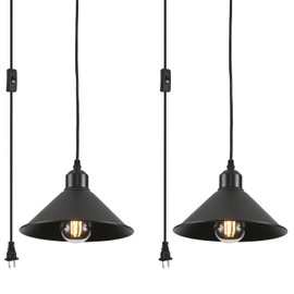 AOJUNSANSAN Black Plug in Pendant Light, 2 Pack Industrial Hanging Lamp Black Vintage Pendant Lighting Fixtures with 15ft Cord On/Off Switch for Kitchen Island Dinning Hall Bedroom