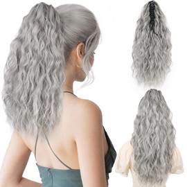 MAYSA Grey Ponytail Hair Extension, Claw Clip in Ponytail Extensions, Synthetic Long Curly Ponytails Synthetic Hairpiece for Women 18in #Grey