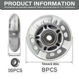 Pack of 8 Inline Skate Wheels with Ball Bearings 72 mm, Inline Skate Wheels, Silver Transparent Inline Skate Wheels, Skate Wheels, Indoor/Outdoor Roller Skate Wheels, Stabilisers for Scooters