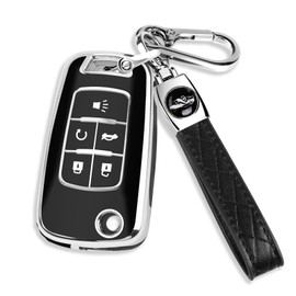 QBUC for Chevy Key Fob Cover with Leather Keychain Chrome Trim Soft TPU Compatible with 2010-2019 Chevy Equinox Malibu Impala Cruze Sonic 5-Buttons(Black)