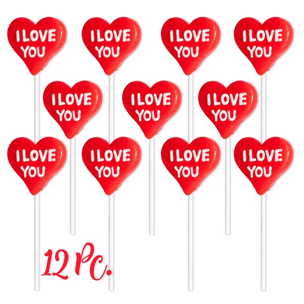 Paquete de 12 paletas con forma de corazón para el día de San Valentín con texto en inglés "I Love You" - Grandes ventosas de dulces para el día de San Valentín para rellenos de bolsas de regalo o regalos de fiesta
