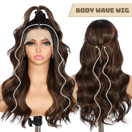 BABEHERS Dark Brown Synthetic Lace Front Wig 13x4 Pre Plucked Highlight Body Wave Lace Front Wigs for Women Heat Resistant Hair 22 Inch Daily Use