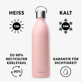Qwetch - Drinking Bottle 1 L Stainless Steel Pastel Pink Active - Thermos Flask Made from 90% Recycled Stainless Steel - 24 Hours Cold & 12 Hours Hot - Insulated Flask, Leak-Proof, BPA-Free and