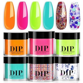 Dip Powder Nail Set, 6 Colors Pink Purple Green Glitter Cheese Colors Natural Dipping Powder Starter Spring Kit, French Nail Art Manicure DIY Salon, No Need Nail Lamp Cured - Color: Green Orange Blue Fluorescent