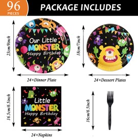 96 Pcs Monster Plates and Napkins Party Supplies kits Monster Tableware Set Little Monster Party Decorations Favors for Boy or Girl Birthday Baby Shower Serves 24