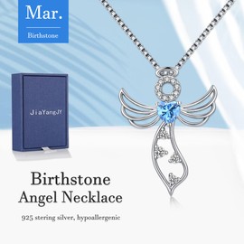 JiaYangJY Little Guardian Angel Necklace 925 Sterling Silver with Heart March Aquamarine Angel Wing Pendant Unique Gifts for Her