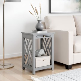 Alaterre Furniture Coventry Wood End Table with Pull-Out Tray, Bottom Shelf, and Open Square Side Panels – Easy Assembly Compact Side Table with Storage for Living Room or Bedroom (Gray)