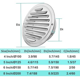 5 Inch Stainless Steel Air Vents, Silver Louver Grille Round Vent Cover Wall Ventilation Outlet Soffit Vents with Built in Screen Mesh for House Ventilation