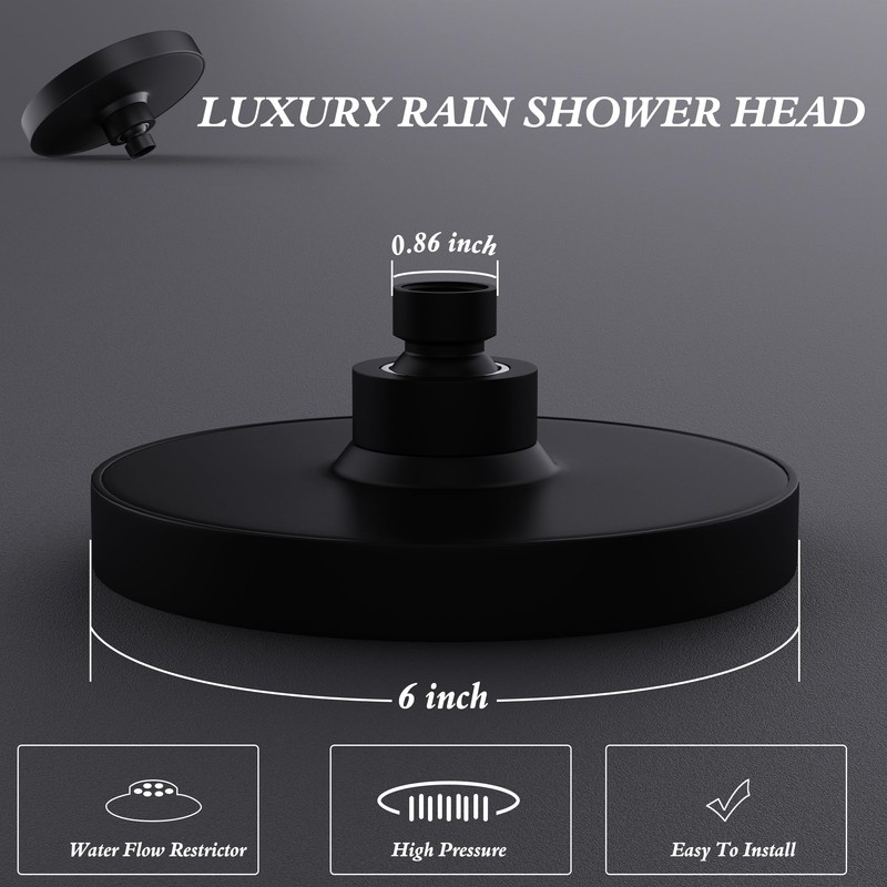 CENOSA Shower Head High Pressure Rain 6 Inch Round Black