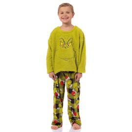 Dr. Seuss GRINCH Boy's Santa Plaid Plush Fleece Kids Pajama Sleep Set (6) Green