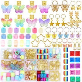 NAISKA 140Pcs Gold Butterfly Hair Jewelry for Braid Colorful Loc Beads Dreadlocks Accessories Jewelry for Women Braids Hair Charms Hair Ring for Braid Decoration