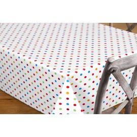 BEAUTEX White Oilcloth Tablecloth with Colourful Polka Dots, Wipe-Clean Garden Tablecloth, Round/Oval/Square, Choice of Sizes