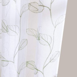 Kitchen Sheer Tiers Bathroom Curtains with Leaf Embroidered Design Rod Pocket Curtain 36 inch Green on White 2 Pcs