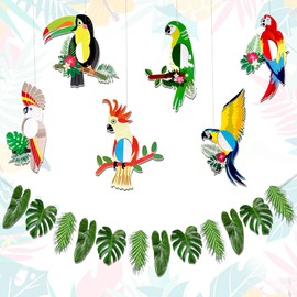 Tropical Birds Honeycomb Paper Cutouts Parrot Honeycomb Palm Leaves Banner Hawaiian Beach Luau Party Hanging Decorations Tiki Bar Supplies