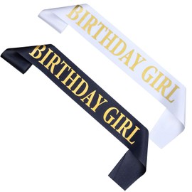 2 Pack White And Black Happy Birthday Sash With Gold Glitter Encased In Letters, 18th, 21st, 30th Party Supplies And Decorations