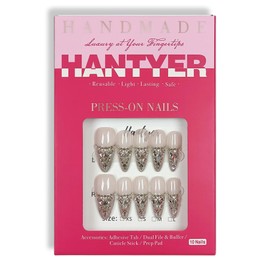 Hantyer French Glam Press on Nails with Tools Kit, Long Stiletto Glossy Nails in Nude, Handmade Nails with Dazzling 3D Crystal Arrangement, Fake Nails Vintage-Inspired Style for Galas Event(Size M)