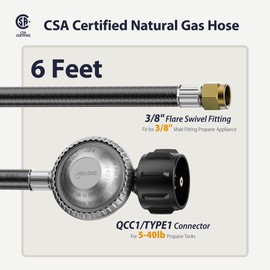 Propane Hose with Regulator 6FT, Low Pressure Gas Grill Regulator and Hose, QCC1/Type1 to 3/8" Female Flare, CSA Certified 11" W.C. for Weber, Charbroil Grill, Patio Heater & Fire Pit