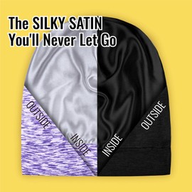 Satin Lined Sleep Cap Bonnet for Curly Hair and Braids, Stay On All Night Hair Wrap with Adjustable Strap for Women and Men, Black and Purple, Pack of 2