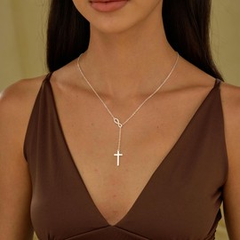 SWRNR Lariat Necklace for Women Dainty 20k Gold/Silver Plated Y-Shaped Long Pendant Necklaces for Women Trendy Layered Lip Bead Paperclip Chain Infinity Cross Drop Necklace Fashion Jewelry Set
