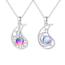 2 Pieces BFF Necklaces Moon Sun 925 Sterling Silver Sisters Necklace Round with Crystals Moonstone Sun and Moon Friendship Chain BFF Jewellery for 2 Girls, Sterling Silver
