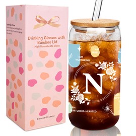 Mason Life Initial Glass Cups with Lids and Straws, Engagement Gifts for Her, 18 oz Iced Coffee Glass Cup with Lids Straw, Cute Glass Cups Inspirational Birthday Christmas Gifts for Women Girls (N)