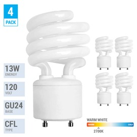 KOR (4 Pack) 13 Watt Mini Spiral - GU24 Base - (60W Equivalent) - T2 Mini-Twist - CFL Light Bulb (Warm White (2700K), CFL)