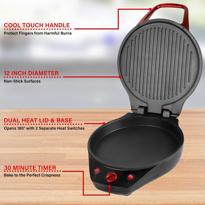 Brentwood TS-124R 12-Inch Non-Stick Pizza Maker and Grill with Timer,