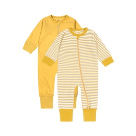 Teach Leanbh Baby Boys Girls 2-Pack Footless Pajamas Cotton 2 Way Zipper Long Sleeve Romper Jumpsuit Sleep and Play (Yellow+Stripe, 12-18 Months)