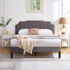 VECELO Upholstered Platform Queen Bed Frame with Tufted Adjustable Headboard/Mattress Foundation/Wood Slat Support,Easy Assembly,Dark Grey