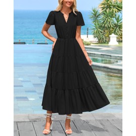 PRETTYGARDEN Women Summer Midi Dresses 2025 Casual Short Sleeve V Neck Belted Tiered Ruffle Vacation Dress with Pockets(Black,Medium)